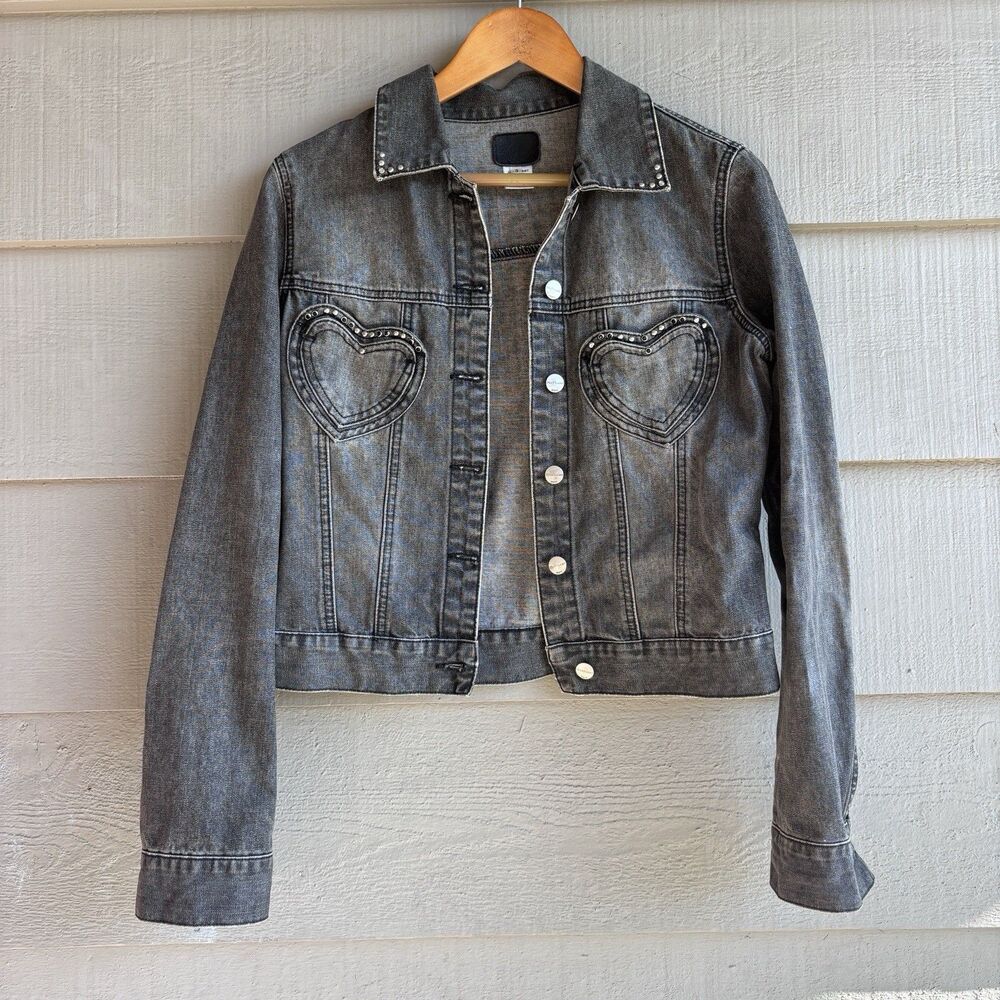 Vintage Y2K JILL STUART Wash Denim Jacket Heart Pockets Studded Gray Sz 3 RARE